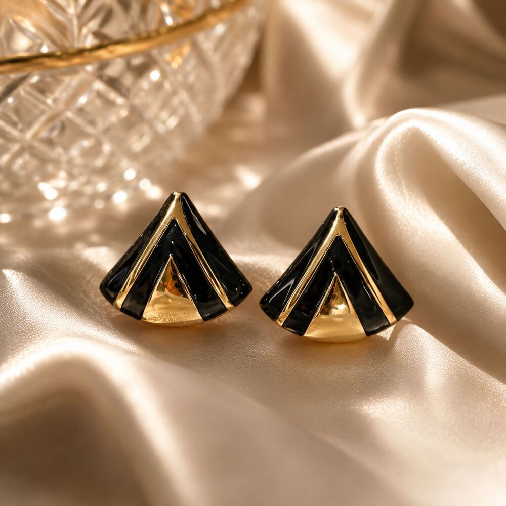 Vintage Geometric Black Gold Avon Earrings Art Deco 80s